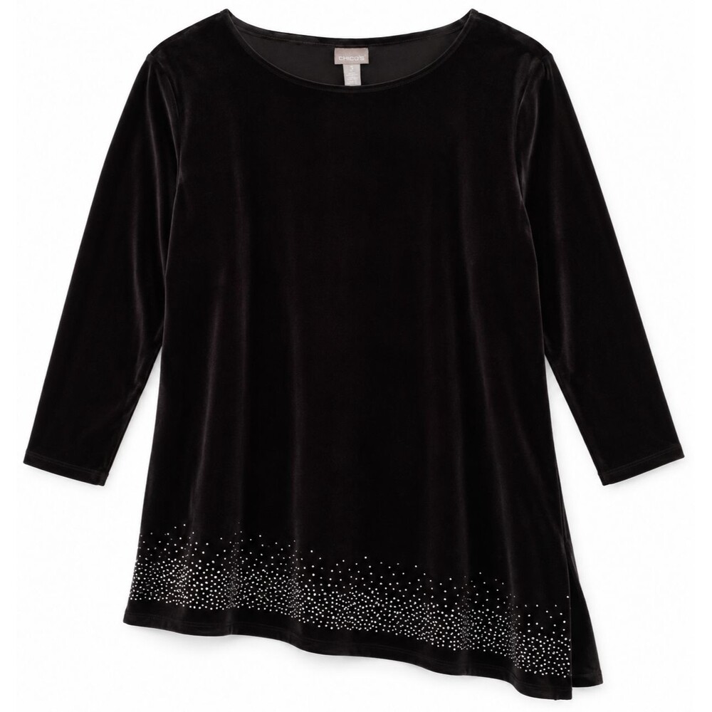 Chico's Velvet Asymmetric Hem Tunic Top Rhinestone Bling Trim Size XL (3) Black